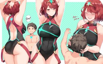1boy 1girl armpits arms_behind_head arms_up ass back bare_shoulders between_breasts black_male_swimwear black_one-piece_swimsuit black_swim_trunks blush breast_smother breasts breath brown_eyes brown_hair closed_eyes competition_swimsuit covered_navel curvy diagonal_stripes drooling face_to_breasts gem glowing head_between_breasts head_grab headpiece heart height_difference hews hip_focus huge_ass impossible_clothes impossible_swimsuit large_breasts male_swimwear motherly multiple_views navel nintendo one-piece_swimsuit open_mouth pyra_(pro_swimmer)_(xenoblade) pyra_(xenoblade) red_eyes red_hair red_one-piece_swimsuit rex_(cloud_sea_shark)_(xenoblade) rex_(xenoblade) romaji_text seductive_smile short_hair smile striped_background sweat swept_bangs swim_trunks swimsuit thick_thighs thigh_gap thighs wide_hips xenoblade_chronicles_(series) xenoblade_chronicles_2