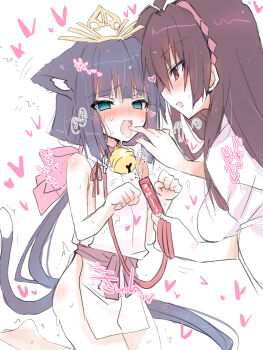 2girls akatsuki_(ggsy7885) animal_ear_fluff animal_ears artist_name blue_eyes blush breasts brown_hair cat_ears cat_girl cat_tail china_dress chinese_clothes commentary_request dress finger_to_another's_mouth flat_chest grey_hair grey_tail hands_up heart highres holding holding_leash holding_whip kneeling leash loli long_hair looking_at_another medium_breasts mochizuki_ayako multiple_girls nige_jouzu_no_wakagimi no_bra no_panties red_eyes saliva saliva_trail shizuku_(nige_jouzu_no_wakagimi) spoken_heart sweatdrop tail yuri