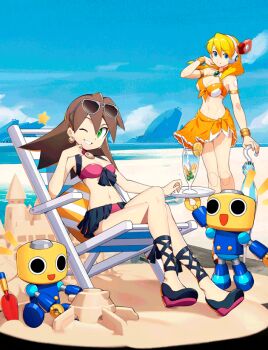 1girl :d alia_(mega_man) android animated animated_gif armlet armor arms_behind_back bare_shoulders beach bikini black_ribbon blonde_hair blue_armor blue_eyes blue_sky bracelet breasts brown_hair chair chest_jewel choker cleavage cloud crossed_legs day deck_chair eyewear_on_head folding_chair green_eyes groin hair_between_eyes hand_in_own_hair hand_on_own_face headphones holding holding_umbrella jewelry joints large_breasts long_hair looking_at_viewer mega_man_(series) mega_man_legends_(series) mega_man_x_(series) mega_man_x_dive multicolored_shoes navel ocean official_alternate_costume one_eye_closed open_mouth orange_bikini orange_sarong pink_bikini ribbon robot robot_ears robot_girl robot_joints sarong seaside servbot_(mega_man) shoes sidelocks sitting sky smile standing sunglasses swimsuit swimsuit_alia_(mega_man) teeth tron_bonne_(mega_man) two-tone_shoes umbrella winking_(animated)