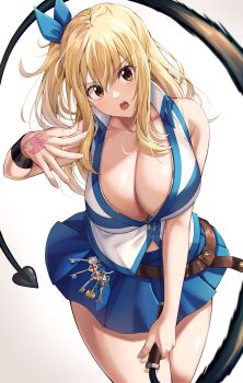 1girl absurdres amagi_korona belt blonde_hair blue_ribbon breasts brown_eyes cleavage commentary_request fairy_tail fairy_tail_logo hair_ribbon hand_tattoo highres key large_breasts long_hair looking_at_viewer lucy_heartfilia ribbon side_ponytail skirt tattoo thighhighs whip wristband zipper