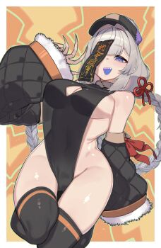 1girl absurdres black_bodysuit black_thighhighs blue_eyes blush bodysuit braid breasts cleavage_cutout clothing_cutout colored_tongue covered_navel detached_sleeves grey_hair hair_ornament hat highres jiangshi jiangshi_costume kizuna_akari large_breasts long_hair long_sleeves looking_at_viewer ofuda ofuda_on_head purple_tongue qingdai_guanmao see-through_clothes sideboob sideless_outfit smile solo tassel tassel_hair_ornament thighhighs tongue tongue_out toriniku29 twin_braids very_long_hair vocaloid voiceroid