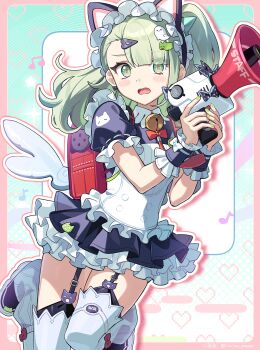 Rule 34 | 1girl, absurdres, animal ear hairband, animal ears, aqua background, bell, black dress, black garter straps, blush, border, cat ear hairband, cat ears, commentary request, dress, earrings, fake animal ears, frilled dress, frilled sleeves, frills, garter straps, ghost hair ornament, green eyes, green hair, green nails, hair ornament, hairband, heart, heart earrings, heart hair ornament, highres, holding, holding megaphone, iruiru popopo, jewelry, looking at viewer, maid, maid headdress, megaphone, multiple hair clips, musical note, neck bell, official alternate costume, open mouth, pink border, ponytail, red bag, solo, sunna (afternoon tea break) (zenless zone zero), sunna (zenless zone zero), white wings, winged bag, wings, zenless zone zero