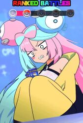 1girl angry animated blue_hair bow-shaped_hair breasts card character_hair_ornament dropping fake_hair_bun hair_ornament halterneck hexagon_print holding holding_card iono_(pokemon) jacket kakk_e long_hair low-tied_long_hair medium_breasts multicolored_hair nintendo oversized_clothes pink_hair pokemon pokemon_sv pokemon_tcg pokemon_tcg_pocket sharp_teeth sleeves_past_fingers sleeves_past_wrists solo split-color_hair sweatdrop teeth trading_card translation_request v-shaped_eyebrows very_long_sleeves video x_(symbol) yellow_jacket