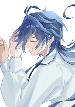 1boy absurdres antenna_hair aotori_chan blue_hair closed_eyes closed_mouth commentary_request flins_(genshin_impact) genshin_impact hair_behind_ear highres long_hair long_sleeves male_focus simple_background smile solo twitter_username upper_body white_background