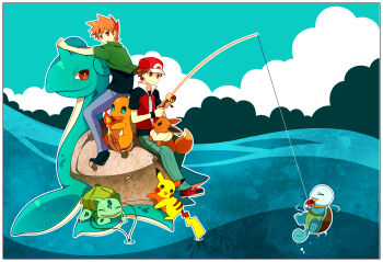 2boys black_shirt blue_oak blue_pants border brown_hair bulbasaur charmander eevee fire fishing fishing_rod flame-tipped_tail gen_1_pokemon green_jacket himari_g_(sr) holding holding_fishing_rod jacket lapras male_focus multiple_boys nintendo ocean on_lap pants pikachu plant poke_ball poke_ball_(basic) pokemon pokemon_(creature) pokemon_on_lap pokemon_origins red_(pokemon) red_shoes riding riding_pokemon shirt shoes squirtle starter_pokemon_trio tail vines white_border wristband