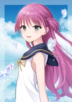 1girl :d absurdres arm_at_side blue_butterfly blue_sailor_collar blue_sky bug butterfly cloud cloudy_sky commentary_request cowboy_shot crying crying_with_eyes_open day dress eyelashes from_side glowing_butterfly grey_eyes hair_between_eyes highres insect katou_umi light_blush light_particles long_hair looking_at_viewer no_headwear open_mouth outdoors outside_border pink_hair ribbon rrtp sailor_collar sailor_dress sky sleeveless sleeveless_dress smile solo streaming_tears summer_pockets tears two_side_up very_long_hair white_dress yellow_ribbon