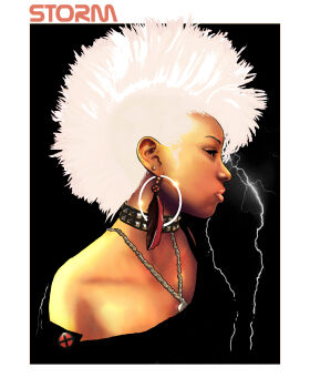 1girl absurdres afro bare_shoulders black_background border character_name choker commentary dark-skinned_female dark_skin earrings electricity english_commentary english_text from_side highres hoop_earrings jewelry marvel mohawk portrait solo storm storm_(x-men) tonytorrid very_dark_skin white_background white_border white_hair x-men x_(symbol)