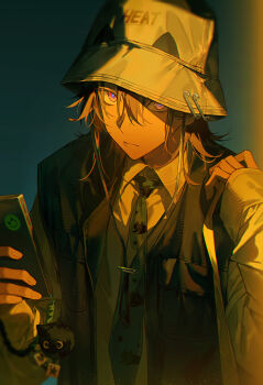1boy black_necktie brown_hair bucket_hat cellphone collared_shirt hair_between_eyes hat highres holding holding_phone jacket long_sleeves looking_at_viewer male_focus necktie open_clothes open_jacket original phone pink_eyes shirt short_hair sleeves_past_wrists smartphone solo upper_body vest white_shirt xiaojiaju