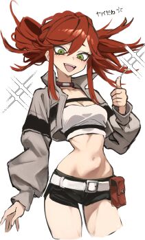 Rule 34 | 1girl, absurdres, belt, belt pouch, black shorts, breasts, choker, commentary request, cropped jacket, cropped legs, flipped bangs, gachiakuta, green eyes, grey jacket, hair between eyes, highres, jacket, kasumi 6, long sleeves, looking at viewer, medium breasts, navel, open clothes, open jacket, open mouth, pouch, puffy long sleeves, puffy sleeves, red choker, red hair, riyo reaper, short shorts, shorts, sidelocks, smile, solo, star (symbol), strapless, thumbs up, translation request, tube top, white background, white belt, white tube top