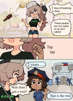 6+girls absurdres babydoll baton_(weapon) belt black_babydoll black_shirt bottle brand_name_imitation brown_eyes brown_hair centurii-chan coconut_tree dark_skin drum english_text filipino_text hat highres holding_baton holding_baton_(weapon) instrument iron_bars kick.com livestream multiple_girls multiple_others name_tag navel open_mouth original palm_tree peaked_cap philippine_flag philippines police police_brutality police_hat police_uniform policewoman prison selfie_stick sharp_teeth shirt short_hair shorts tan teeth thermometer tree weapon