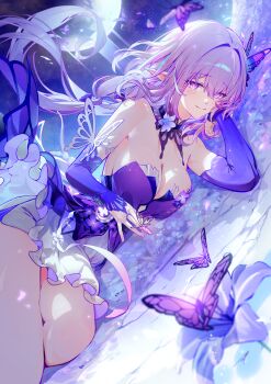 1girl absurdres bare_shoulders blush breasts bug butterfly butterfly_hair_ornament castorice_(gossamer_flutter)_(honkai:_star_rail) castorice_(honkai:_star_rail) cleavage commentary detached_collar detached_sleeves dress floating_hair hair_ornament highres honkai:_star_rail honkai_(series) insect jelmul large_breasts long_hair lying official_alternate_costume on_side pointy_ears purple_butterfly purple_dress purple_eyes purple_hair smile solo strapless strapless_dress