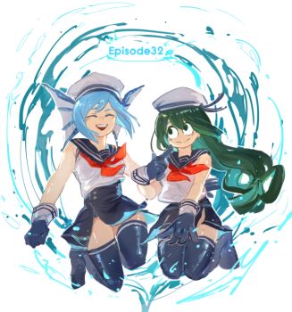2girls :> anezu asui_tsuyu blue_hair boku_no_hero_academia closed_eyes commentary_request green_hair hat laughing long_hair multiple_girls sailor sailor_collar sailor_hat short_hair sirius_(boku_no_hero_academia) teeth upper_teeth_only water