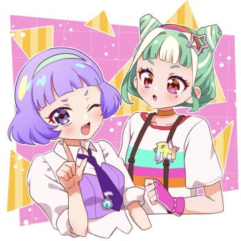 2girls ;d blue_hairband blunt_bangs chii_(chi_pppuri) chimumu choker collared_shirt cone_hair_bun cropped_torso double_bun fang fingerless_gloves gloves hair_bun hair_ornament hairband hand_up himitsu_no_aipri in-franchise_crossover index_finger_raised looking_at_another looking_at_viewer mamiya_chii multiple_girls musical_note necktie one_eye_closed open_mouth orange_choker outline pink_eyes pink_gloves pretty_series purple_eyes purple_hair purple_necktie shirt short_hair short_sleeves smile star_(symbol) star_hair_ornament suspenders upper_body waccha_primagi! white_outline white_shirt