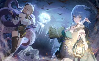 1other 2girls absurdres accessories alternate_hairstyle animal_ears asymmetrical_shorts bangboo_(zenless_zone_zero) bare_shoulders bare_tree bat_(animal) black_hat black_horns black_unitard blonde_hair blue_hair book bra breasts button_gap cape choker cleavage commentary_request detached_sleeves earrings fog garter_straps ghost_costume goat_ears goat_girl goat_horns green_bra hair_between_eyes hair_up halloween hat high-waist_shorts highres holding holding_book hood horizontal_pupils horns jewelry key key_choker lantern large_breasts looking_at_viewer lucia_elowen mansion medallion medium_breasts miss_esme_(zenless_zone_zero) mole mole_under_mouth monster_girl moon multiple_girls nagul night night_sky open_mouth outdoors parted_lips pointy_ears purple_eyes purple_nails ringed_eyes scylla shirt short_hair shorts single_bare_shoulder single_garter_strap single_thighhigh sky suction_cups tentacle_girl tentacle_tail tentacles thighhighs tree underwear white_shirt white_sleeves yellow_eyes yidhari_murphy zenless_zone_zero