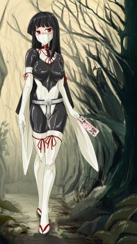 1girl absurdres bare_tree bdsm black_bodysuit black_hair bodysuit chastity_belt collar elbow_gloves full_body gagged gloves highres impossible_bodysuit impossible_clothes latex latex_bodysuit latex_gloves latex_thighhighs long_hair looking_at_viewer mask mouth_mask neck_corset ofuda original red_eyes rubber_day sandals shiny_clothes skin_tight slave solo standing tamakko thighhighs tree white_gloves white_thighhighs zouri