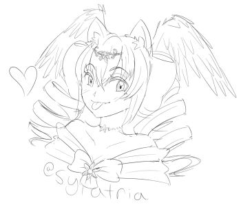 2022 angel_girl animal_ears blush cat_ears cat_girl character_name clavicles curly_hair greyscale head_wings heart indie_virtual_youtuber jewelry long_hair monochrome necklace oski_art star_(symbol) star_necklace sylatria tongue tongue_out white_background wings