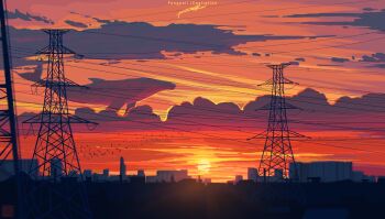 Rule 34 | animal, artist name, building, chinese commentary, city, cloud, cloudy sky, colorful, commentary request, evening, fangpeii, flock, flying whale, highres, no humans, original, outdoors, oversized animal, power lines, scenery, signature, simple bird, sky, sky focus, skyscraper, sun, sunset, transmission tower, watermark, whale