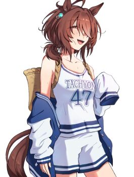 1girl agnes_tachyon_(boundless_laboratory)_(umamusume) agnes_tachyon_(umamusume) ahoge animal_ears backpack_basket bare_shoulders basket blue_jacket blush breasts brown_hair collarbone hair_between_eyes highres horse_ears horse_girl horse_tail jacket jersey letterman_jacket medium_hair official_alternate_costume open_clothes open_jacket open_mouth popotatobuds red_eyes shorts small_breasts smile sportswear sweat tail teeth umamusume upper_teeth_only white_jersey white_shorts