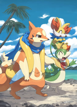 blue_scarf blue_sky closed_eyes clothed_pokemon cloud fennekin floatzel gen_4_pokemon gen_5_pokemon gen_6_pokemon highres makoto_ikemu nintendo no_humans open_mouth outdoors palm_tree pokemon pokemon_(creature) pokemon_mystery_dungeon scarf servine sky tree water