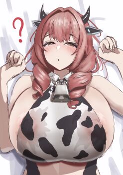 1girl ? absurdres animal_ears animal_print areola_slip azur_lane bare_shoulders bell blush breasts brown_hair commentary covered_erect_nipples cow_ears cow_horns cow_print cowbell cowpens_(azur_lane) drill_hair english_commentary fake_animal_ears fake_horns highres horns huge_breasts loob looking_at_viewer lying medium_hair neck_bell on_back parted_lips sideboob sidelocks solo upper_body