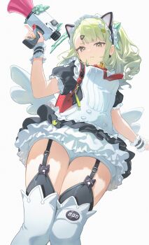 1girl absurdres alternate_costume animal_ears black_dress black_thighhighs bloomers breasts cat_ears closed_mouth dress enmaided fake_animal_ears frilled_dress frills from_below frown garter_straps green_eyes green_hair highres holding holding_megaphone long_hair looking_at_viewer maid maid_headdress megaphone midori_fufu official_alternate_costume short_sleeves small_breasts solo sunna_(afternoon_tea_break)_(zenless_zone_zero) sunna_(zenless_zone_zero) thighhighs trigger_discipline underwear white_bloomers white_thighhighs zenless_zone_zero