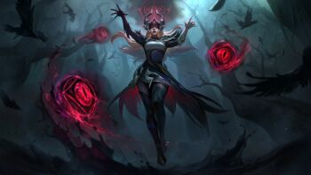 1girl animal ball bare_tree bird black_dress black_gloves black_lips black_pantyhose blonde_hair blue_dress branch commentary coven_syndra crow dress english_commentary extra_eyes eyeshadow feathers floating floating_hair forest from_below gem gloves glowing glowing_eyes halo highres league_of_legends lipstick long_hair looking_at_viewer magic makeup mud multicolored_dress nature official_alternate_costume official_alternate_hairstyle official_art outdoors pantyhose red_eyes red_halo revision solo syndra tree water white_dress white_gloves