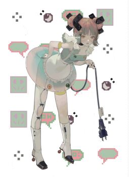 1girl animated animated_gif ass_shake baichuan_baichuan barcode black_bow blue_dress boots bow bow_legwear breasts brown_hair buttons cable chinese_commentary circle_skirt cleavage closed_mouth clothing_cutout commentary_request detached_arm detached_leg double_bun dress expressionless eyelashes fingernails full_body hair_bun hand_on_own_hip high_heel_boots high_heels holding holding_cable knee_boots knees leaning_forward leg_cutout light_blush lipstick looking_at_viewer looking_to_the_side makeup mole mole_under_eye multiple_moles original pantyhose pink_eyes pink_lips short_dress short_hair single_leg_pantyhose solo standing strapless strapless_dress white_background white_boots white_pantyhose