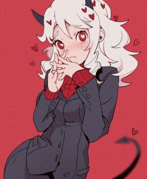 Rule 34 | 1girl, black horns, black jacket, black skirt, black suit, black tail, blurry, blurry background, blush, breasts, bright pupils, buttons, closed mouth, contrapposto, cowboy shot, curly hair, demon girl, demon horns, demon tail, depth of field, double-parted bangs, film grain, formal clothes, frown, hair between eyes, hands up, heart, heart-shaped pupils, heart background, helltaker, highres, horns, jacket, layered sleeves, long sleeves, looking at viewer, medium hair, modeus (helltaker), nose blush, pencil skirt, puffy long sleeves, puffy sleeves, raised inner eyebrows, red background, red eyes, red sweater, ribbed sweater, sidelocks, simple background, skirt, small breasts, solo, standing, steepled fingers, suit, sweater, symbol-shaped pupils, tail, tareme, turtleneck, turtleneck sweater, white hair, white pupils, yaotaihhh