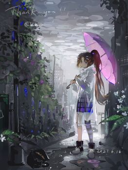 1girl black_cat brown_hair cat chinese_commentary closed_mouth commentary_request commission curtained_hair dated english_text flower full_body grey_shoes grey_sky highres holding holding_umbrella kneehighs long_hair long_sleeves original outdoors parted_bangs pink_umbrella plaid_clothes plaid_skirt ponytail purple_eyes purple_skirt purple_socks rain raincoat see-through_clothes see-through_raincoat shirt shoes single_sock skirt sky socks solo thank_you umbrella vihua6 white_flower white_shirt