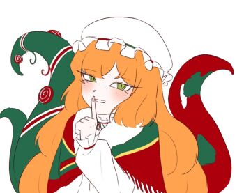 1girl christmas christmas_nightmare_(e.g.o) christmas_tree_print commentary_request e.g.o_(project_moon) egodiary finger_to_mouth freckles green_eyes hat ishmael_(project_moon) korean_commentary limbus_company long_hair orange_hair project_moon ribbon-trimmed_hat shawl simple_background smile solo teeth tentacles very_long_hair white_background white_hat
