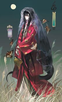 1girl absurdres bird bird_request black_hair black_nails blue_eyes chinese_clothes chinese_commentary commentary_request flower_knot full_body full_moon gold_trim hanfu highres holding_puppet long_hair long_sleeves moon original outdoors poking22192 puppet red_hanfu see-through_clothes see-through_veil sleeves_past_wrists snake_tail solo tail tassel veil very_long_hair wheat wide_sleeves
