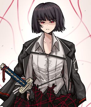 1girl absurdres black_hair black_jacket blunt_bangs blunt_ends collared_shirt commentary english_commentary highres jacket jacket_on_shoulders limbus_company mitama_nyan project_moon red_eyes ryoshu_(project_moon) sheath sheathed shirt short_hair solo standing string sword weapon white_background white_shirt