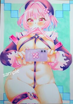 1girl ahoge aqua_background aqua_hair backpack bag beret between_breasts blue_nails blush breasts broken_heart cellphone chest_harness chikoneri clothes_lift colored_inner_hair commentary crossed_bandaids fang fang_out fingernails flame_print frilled_sailor_collar frills groin hair_intakes harness hat heart heart_o-ring highres holding holding_phone idolmaster idolmaster_cinderella_girls idolmaster_cinderella_girls_starlight_stage jacket jacket_lift large_breasts long_sleeves marker_(medium) medium_hair mouth_hold multicolored_hair nail_polish navel o-ring o-ring_harness o-ring_thigh_strap phone pink_bag pink_eyes pink_hair pink_jacket pink_nails purple_hat purple_jacket randoseru sailor_collar sample_watermark selfie skindentation smartphone solo stomach strap_between_breasts teddy_bear_hair_ornament thigh_strap thighs traditional_media two-tone_hair two_side_up watermark white_sailor_collar yellow_nails yumemi_riamu