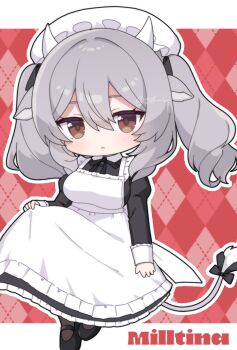 1girl akikan_sabako animal_ears apron argyle_background black_bow black_dress black_pantyhose black_ribbon blush bow breasts brown_eyes character_name chibi closed_mouth collared_dress commentary_request contrast_collar cow_ears cow_girl cow_horns cow_tail dress frilled_apron frilled_dress frills full_body grey_hair hair_between_eyes hat highres horns juliet_sleeves large_breasts long_hair long_sleeves looking_at_viewer maid maid_apron maid_headdress mary_janes milltina_(vrchat) mob_cap outline pantyhose puffy_long_sleeves puffy_sleeves red_background ribbon shoes sidelocks simple_background skirt_hold solo tail tail_bow tail_ornament twintails vrchat white_apron white_outline