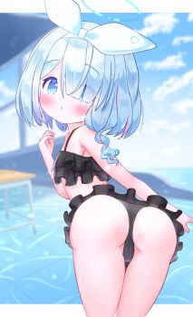 1girl arona_(blue_archive) ass bikini black_bikini blue_archive blue_eyes blue_hair blue_halo blush bow_hairband cameltoe chubaki feet_out_of_frame female_focus frilled_bikini frills from_behind hair_over_one_eye hairband halo loli looking_at_viewer looking_back sky solo standing swimsuit white_hairband