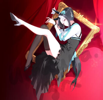 Rule 34 | 1girl, animal ears, asymmetrical footwear, black dress, black shoes, braid, braided bun, brown thighhighs, closed mouth, dress, empty picture frame, full body, glint, gloves, grey footwear, hair bun, hair ornament, half-closed eyes, high heels, horse ears, horse girl, horse tail, long sleeves, looking at viewer, looking to the side, mejiro ramonu (umamusume), mismatched footwear, picture frame, purple eyes, romi (346 ura), shirt, shoes, short hair, silver shoes, single glove, single thighhigh, sleeves pushed up, smile, solo, tail, thighhighs, umamusume, white gloves, white shirt, wristband