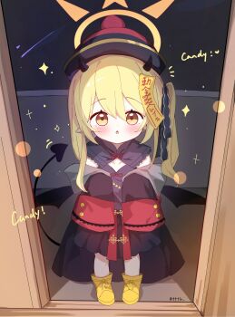 1girl :o black_horns black_wings blonde_hair blue_archive blush boots collarbone commentary demon_girl demon_horns demon_tail demon_wings diamond_(shape) doorway english_text full_body hair_between_eyes halloween halloween_costume halo hat heart highres horns ibuki_(blue_archive) jiangshi long_hair long_sleeves looking_at_viewer night open_mouth pointy_ears pov_doorway red_ribbon ribbon shoes shooting_star side_ponytail sleeves_past_fingers sleeves_past_wrists solo sparkle spoken_heart standing tail tttlr twitter_username wings yellow_boots yellow_eyes yellow_halo