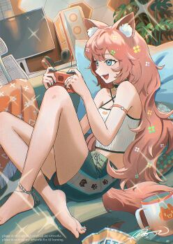 1girl adversarial_noise animal_ear_fluff animal_ears anklet aqua_eyes aqua_nails bag bag_of_chips barefoot black_choker blanket breasts brown_hair cat_ears cat_girl cat_tail chair choker chromatic_aberration cleavage coffee_mug commentary computer computer_tower couch crop_top crossed_ankles cup desk double-parted_bangs dutch_angle english_commentary fangs feet fingernails fluffy_hair full_body gaming_chair hair_ornament halterneck handheld_game_console hands_up headphones highres holding holding_handheld_game_console indoors jewelry large_breasts long_hair looking_at_screen midriff monitor mug multicolored_shorts nail_polish navel on_couch open_bag open_mouth original pillow plant playing_games potted_plant print_mug print_shorts reclining shirt shorts signature smile solo sparkle swivel_chair tail tongue tsukimoritsuki unworn_headphones very_long_hair white_shirt