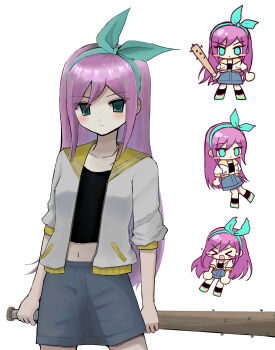 Rule 34 | > <, 1girl, absurdres, aubrey (faraway) (omori), aubrey (omori), baseball bat, blue eyes, blue hairband, blue skirt, blush, chibi, closed eyes, closed mouth, collarbone, crop top, denim, denim skirt, double-parted bangs, hairband, highres, holding, holding baseball bat, jacket, long hair, looking at viewer, nail (hardware), nail bat, navel, omori, open clothes, open jacket, open mouth, pink hair, short-sleeved jacket, short sleeves, simple background, skirt, solo, true erg, white background, white jacket