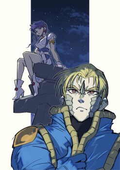 1boy 1girl absurdres adjusting_collar ankle_boots blonde_hair blue_jumpsuit boots breasts bright_pupils crossover dress earrings frown full_body getter_robo getter_robo_arc green_scales hanahiyo_(hoimin) high_collar high_heel_boots high_heels highres jewelry jumpsuit mecha_pilot_suit night night_sky on_rock parted_lips purple_eyes purple_hair red_eyes reptile_boy short_dress short_hair short_sleeves shou_kamui sitting sky sphere_earrings star_(sky) starry_sky super_robot_wars super_robot_wars_the_lord_of_elemental white_pupils xenia_grania_bilseia