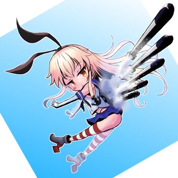 1girl anchor_hair_ornament animal_ear_hairband animal_ears ass black_hairband black_necktie black_panties blonde_hair blue_background blue_sailor_collar blue_skirt blush boots chibi commentary_request crop_top cropped_shirt elbow_gloves fake_animal_ears firing from_side full_body gloves gradient_background grey_boots hair_between_eyes hair_ornament hairband highleg highleg_panties highres kantai_collection long_hair long_sidelocks looking_at_viewer microskirt necktie open_mouth orange_eyes outline panties pleated_skirt rabbit_ear_hairband rabbit_ears red_thighhighs rigging rudder_footwear sailor_collar shimakaze_(kancolle) shirt sidelocks simple_background skirt sleeveless sleeveless_shirt solo striped_clothes striped_thighhighs thighhighs torpedo torpedo_launcher triangle_mouth turning_head underwear very_long_hair white_background white_gloves white_outline white_shirt yoko_hata