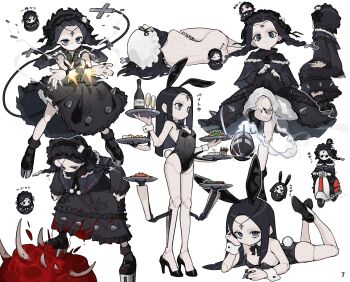 1girl absurdres alcohol android ass black_eyes black_hair black_nails bottle braid breasts capelet character_doll circlet commentary_request completely_nude cross_hair_ornament doll expressionless fetal_position firing full_body hair_ornament hat highres holding holding_tray joints leotard lying mob_cap monster motor_vehicle multiple_views nude on_side on_stomach original platform_shoes playboy_bunny robot_joints rocket scooter shoes small_breasts smoke stomping sunglasses tray twin_braids wine wine_bottle zizi_niisan