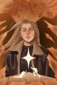 1girl 2others absurdres anna_croft black_jacket black_shirt blonde_hair commentary deadpan english_commentary floating_hair fur-trimmed_jacket fur_trim green_eyes highres iris_rebezova jacket jewelry long_hair looking_at_viewer mini_person multiple_others necklace omniscient_reader&#039;s_viewpoint outstretched_arm reaching selena_kim shirt sparkle umbrvx wind