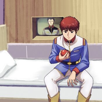 2boys age_difference amuro_ray belt black_eyes black_hair boots bright_noa commentary_request earth_federation food gundam highres holding holding_food holding_vegetable kogetoriten_999 military_uniform mobile_suit_gundam multiple_boys red_hair science_fiction screen short_hair sitting spacecraft_interior thinking tikarawaza tomato vegetable white_base