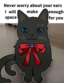 1girl :3 arknights black_eyes black_fur blue_sclera caption cat miss_christine_(arknights) closed_mouth colored_sclera commentary english_text get_them_bigass_ears_out_of_the_caption_(meme) highres looking_at_viewer meme multiple_tails neck_ribbon no_humans outline parody red_ribbon ribbon smile solo symbol-only_commentary tail two_tails white_outline wwfo_2