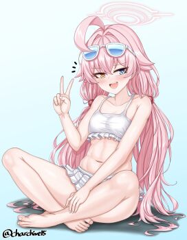 1girl absurdres ahoge barefoot bikini blue-tinted_eyewear blue_archive ch_(charchive15) commentary eyewear_on_head frilled_bikini frills full_body hair_bobbles hair_ornament halo heterochromia highres hoshino_(blue_archive) hoshino_(swimsuit)_(blue_archive) huge_ahoge indian_style long_hair looking_at_viewer low_twintails navel official_alternate_costume pink_hair pink_halo sitting smile solo swimsuit teeth tinted_eyewear toes twintails upper_teeth_only v white-framed_eyewear white_bikini