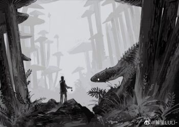 Rule 34 | 1other, animal, grass, greyscale, holding, looking at another, luli (crocowolf333), monochrome, mushroom, original, outdoors, plant, reptile, watermark, weibo watermark