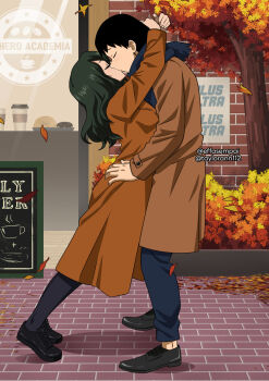 1boy 1girl autumn autumn_leaves black_hair boku_no_hero_academia cafe closed_eyes donut effasempai food green_hair hetero highres kiss leaf leaning_forward long_hair medium_hair raincoat sero_hanta shoes tokage_setsuna winter_clothes