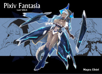 1girl asymmetrical_horns bloody_girl blue_hair blue_horns boots bracelet breasts brown_gloves character_name cleavage closed_eyes commentary_request copyright_name covered_navel dark-skinned_female dark_skin gloves hood horns jewelry large_breasts magna_elixiel multiple_views navel pixiv_fantasia pixiv_fantasia_last_saga pointy_ears puffy_sleeves see-through_clothes see-through_shirt shirt tail white_gloves