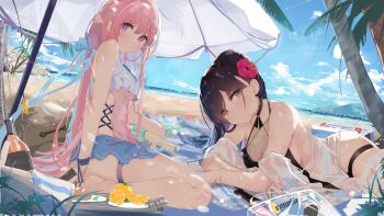 1boy 3girls bag beach beach_towel beach_umbrella bikini black_hair blush bottle bread breasts brown_eyes cloud cooler cup dark-skinned_male dark_skin day flower food frilled_thigh_strap fruit hair_flower hair_ornament hibiscus highres holding implied_sex large_breasts long_hair looking_at_viewer lying medium_breasts multiple_girls ocean on_stomach orange_(fruit) original outdoors palm_tree parted_lips pink_hair purple_eyes red_flower rock sex sex_from_behind shimicha sitting sky smile swimsuit thigh_strap towel tree umbrella water when_you_see_it